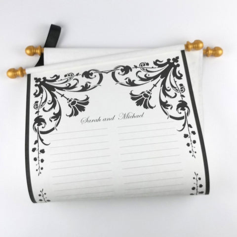 Custom floral guest list scroll, black and gold, 11x21 inches cream parchment paper, personalized with name(s) and date