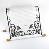 Custom floral guest list scroll, black and gold, 11x21 inches cream parchment paper, personalized with name(s) and date
