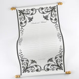 Custom floral guest list scroll, black and gold, 11x21 inches cream parchment paper, personalized with name(s) and date