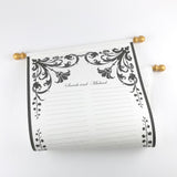 Custom floral guest list scroll, black and gold, 11x21 inches cream parchment paper, personalized with name(s) and date