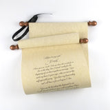 Custom printed tan parchment scroll, 8x20" paper, sets of multiples