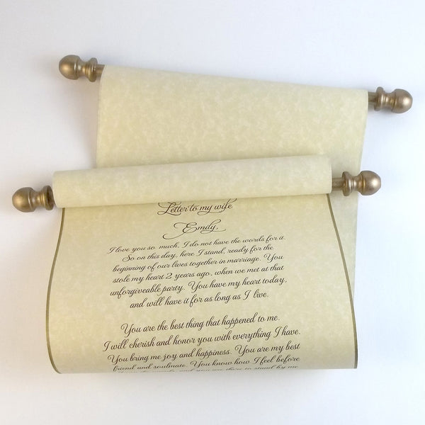 Personalized tan parchment scroll, 8x20" paper with gold or silver edge, sets of multiples