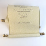 Personalized tan parchment scroll, 8x20" paper with gold or silver edge, sets of multiples