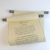 Personalized tan parchment scroll, 8x20" paper with gold or silver edge, sets of multiples