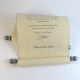 Personalized tan parchment scroll, 8x20" paper with gold or silver edge, sets of multiples