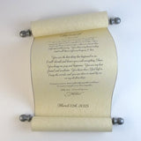 Personalized tan parchment scroll, 8x20" paper with gold or silver edge, sets of multiples