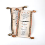 Medieval castle destination wedding invitation scrolls, black and copper, renfaire theme, optional boxes