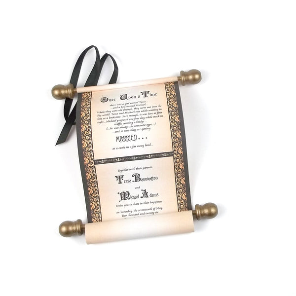 Medieval castle destination wedding invitation scrolls, black and copper, renfaire theme, optional boxes