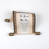 Medieval castle destination wedding invitation scrolls, black and copper, renfaire theme, optional boxes