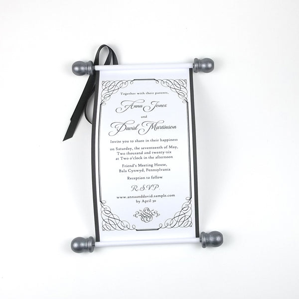 Traditional black and white wedding invitation scroll, formal invitation, optional box