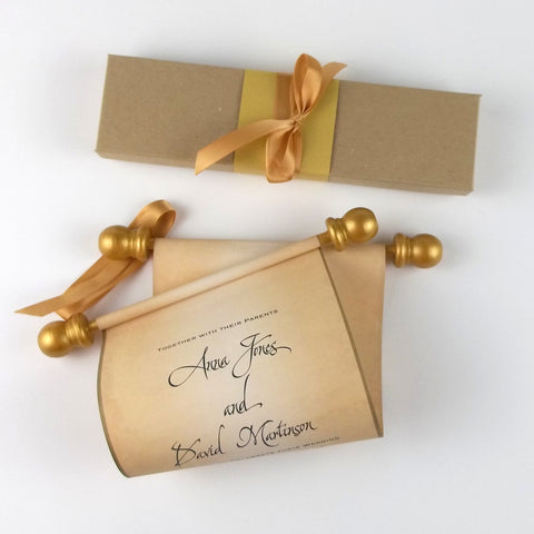 Vintage aged look wedding invitation scroll set with optional box, set of 10