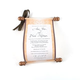 Elegant damask wedding invitation scrolls, vintage Victorian style, bronze and brown, optional boxes