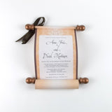 Elegant damask wedding invitation scrolls, vintage Victorian style, bronze and brown, optional boxes