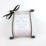 Elegant damask wedding invitation scrolls, black and silver, optional boxes