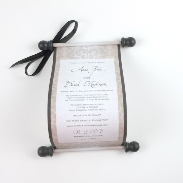 Elegant damask wedding invitation scrolls, black and silver, optional boxes