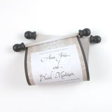 Elegant damask wedding invitation scrolls, black and silver, optional boxes