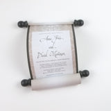 Elegant damask wedding invitation scrolls, black and silver, optional boxes