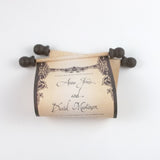Gothic themed destination wedding invitation scrolls, optional boxes