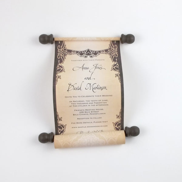 Gothic themed destination wedding invitation scrolls, optional boxes