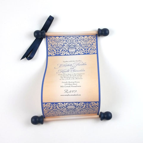 Damask wedding invitation scroll, elegant Victorian style invitation, optional box
