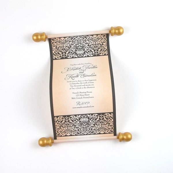 Damask wedding invitation scroll, elegant Victorian style invitation, optional box