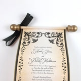 Floral Regency style wedding invitation scroll, formal invitation, black and aged gold, optional box