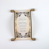 Floral Regency style wedding invitation scroll, formal invitation, black and aged gold, optional box