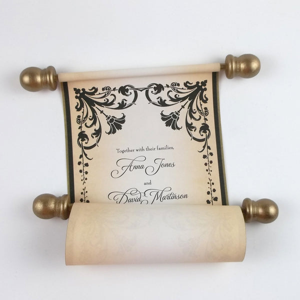 Floral Regency style wedding invitation scroll, formal invitation, black and aged gold, optional box