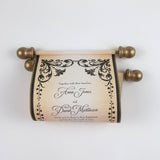Floral Regency style wedding invitation scroll, formal invitation, black and aged gold, optional box