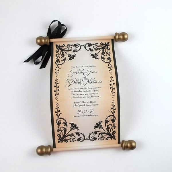 Floral Regency style wedding invitation scroll, formal invitation, plum and aged gold, optional box