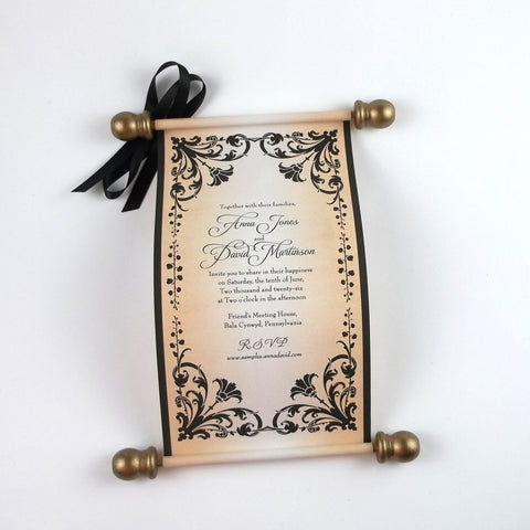 Floral Regency style wedding invitation scroll, formal invitation, plum and aged gold, optional box