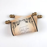 Floral Regency style wedding invitation scroll, formal invitation, plum and aged gold, optional box