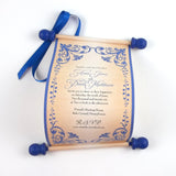Floral Regency style wedding invitation scroll, formal invitation, plum and aged gold, optional box