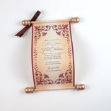 Floral Regency style wedding invitation scroll, formal invitation, plum and aged gold, optional box