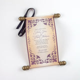 Floral Regency style wedding invitation scroll, formal invitation, plum and aged gold, optional box