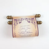 Floral Regency style wedding invitation scroll, formal invitation, plum and aged gold, optional box