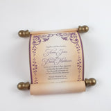 Floral Regency style wedding invitation scroll, formal invitation, plum and aged gold, optional box