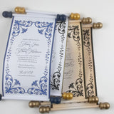 Floral Regency style wedding invitation scroll, formal invitation, plum and aged gold, optional box
