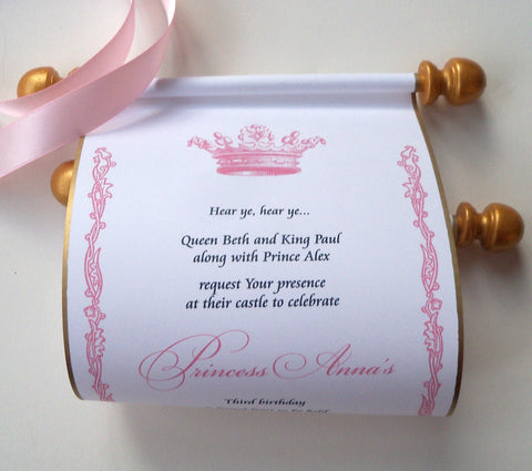 Royal princess birthday invitation scroll, set of 10