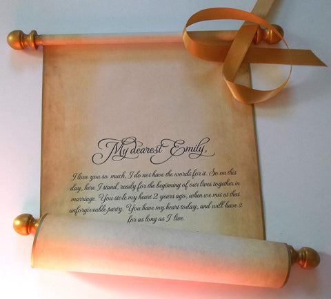 Parchment scroll with gold accents and brooch, personalized with your own words, 8x21 inches paper