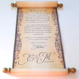 Customized scroll in plum and gold, 8x19 inches paper, handmade in the USA