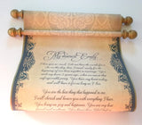 Custom parchment scroll in navy and aged gold, 8x19 inches paper, personalized with your own words, handmade