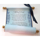 Regency decorative scroll in aged gold and blue, 8x18" blue parchment, blank or personalized with your own words