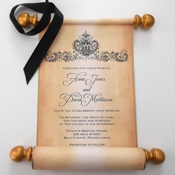 Elegant wedding invitation scroll with damask design, set of 10