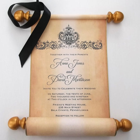 Elegant wedding invitation scroll with damask design, set of 10