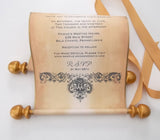 Elegant wedding invitation scroll with damask design, set of 10