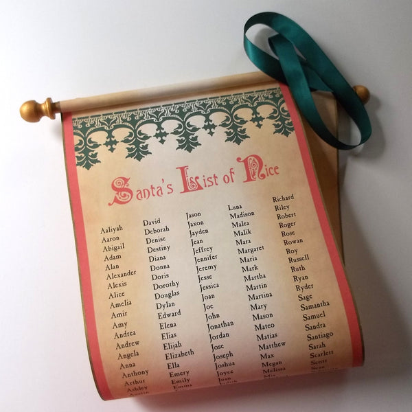 Santa's List of Nice personalized scroll, 8x21" wide aged parchment paper, up to 250 custom names