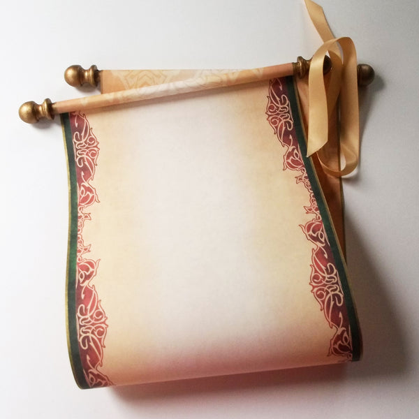 Custom parchment scroll with red, green and gold accents, 8x18 inches paper, handmade