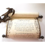 Elegant scroll in gold & brown, blank or customized, personalized gift, marriage anniversary gift, 8x19" parchment paper