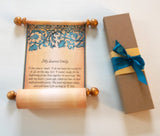 Decorative scroll with turquoise flower garland, custom text, and kraft gift box